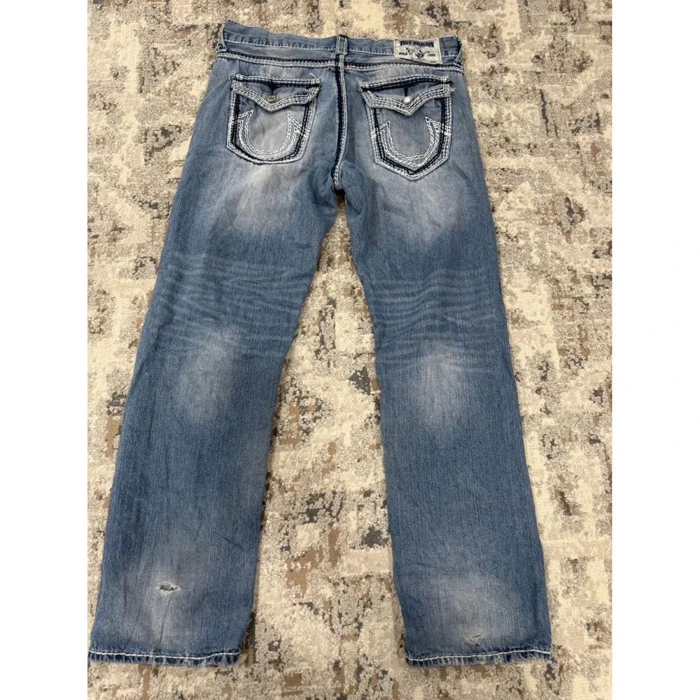 True Religion Straight Leg Jeans Mens 38 Medium‎ Wash White Contrast Stitch Y2K